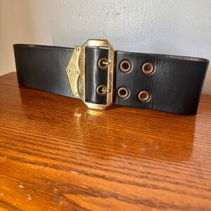 Vintage Elegant Black Leather Belt with Gold Hardware
